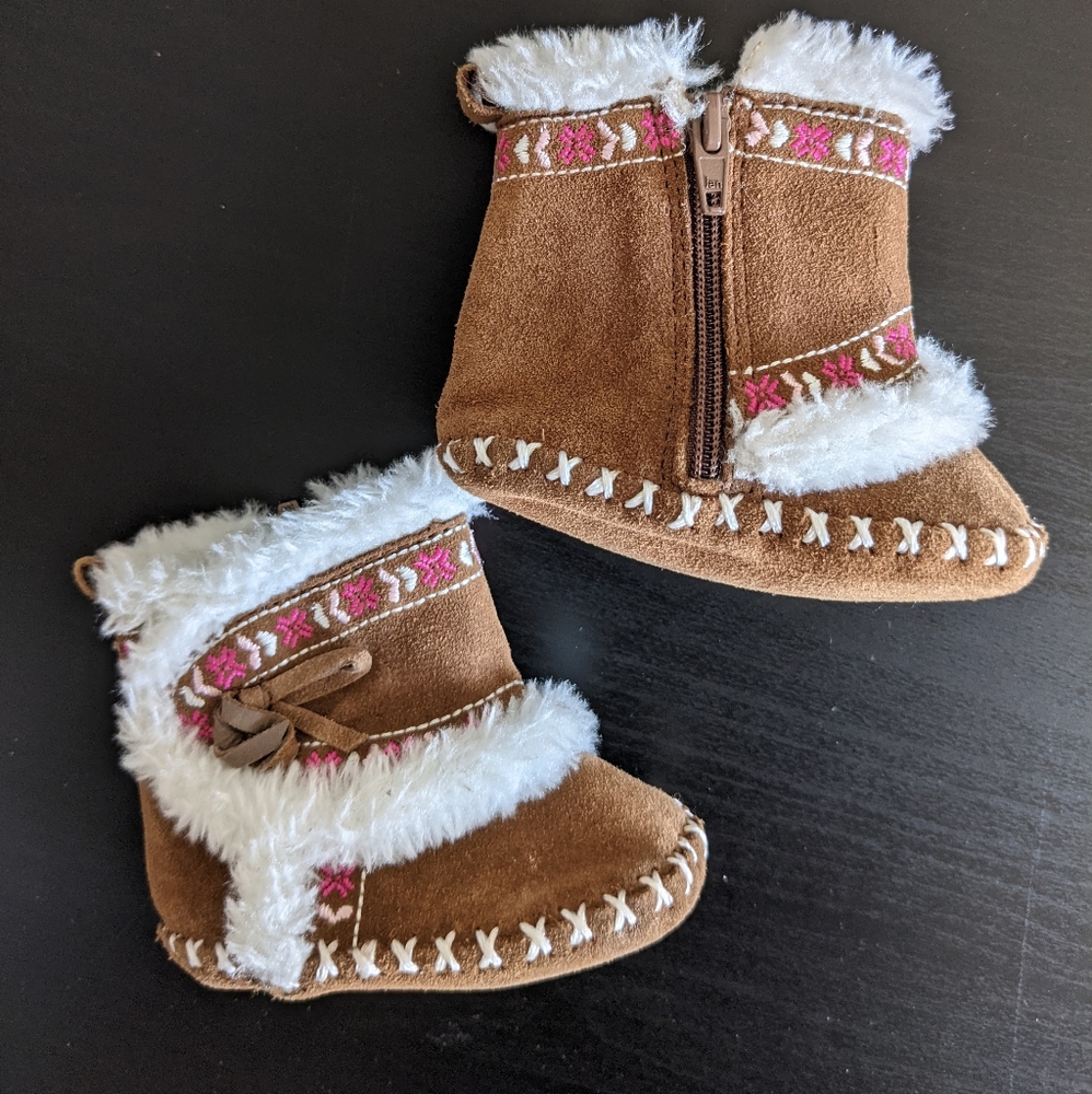 Brown leather embroidered moccasin booties
